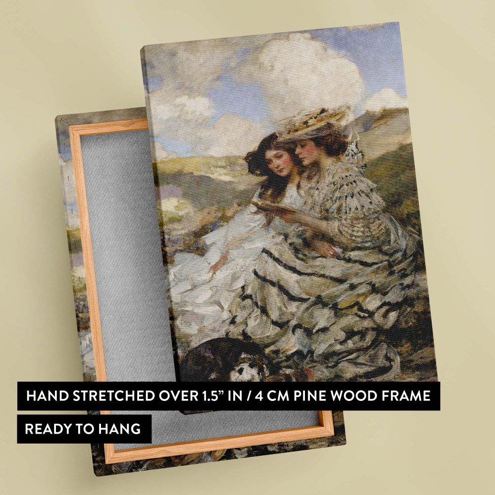 Classic painting On the Dunes by James Jebusa Shannon, depicting two women in flowing Victorian gowns sitting on grassy dunes under a tranquil sky, masterfully painted with detailed brushstrokes, ideal for vintage-themed interior wall decor.
