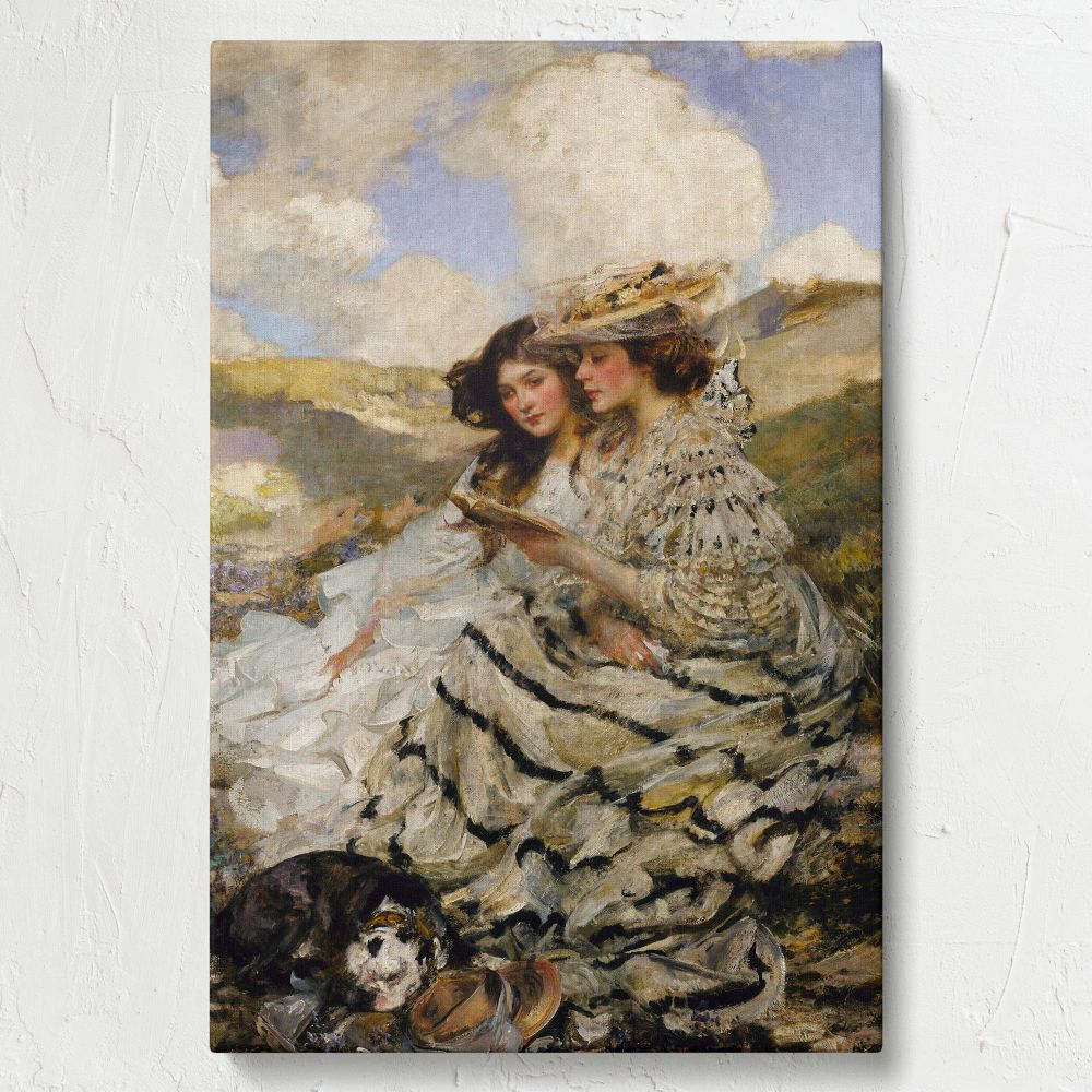 Vintage wall art print On the Dunes (Lady Shannon and Kitty) by James Jebusa Shannon, showcasing two women in soft, flowing dresses enjoying a quiet moment on grassy dunes with a calm sky above, painted with romantic elegance.