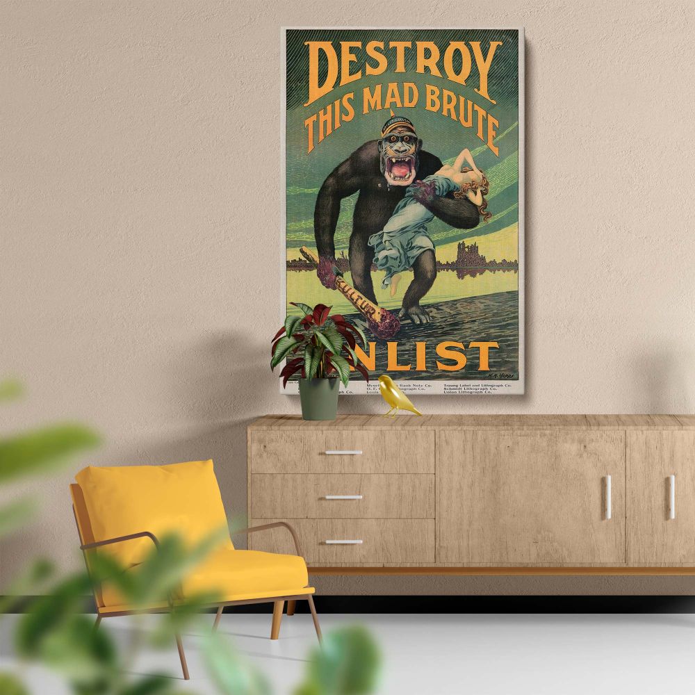 Historical poster art by Harry Ryle Hopps featuring a fearsome gorilla holding a woman and a club labeled Kultur, surrounded by bold text and a menacing background, representing wartime propaganda and vintage wall art style.
