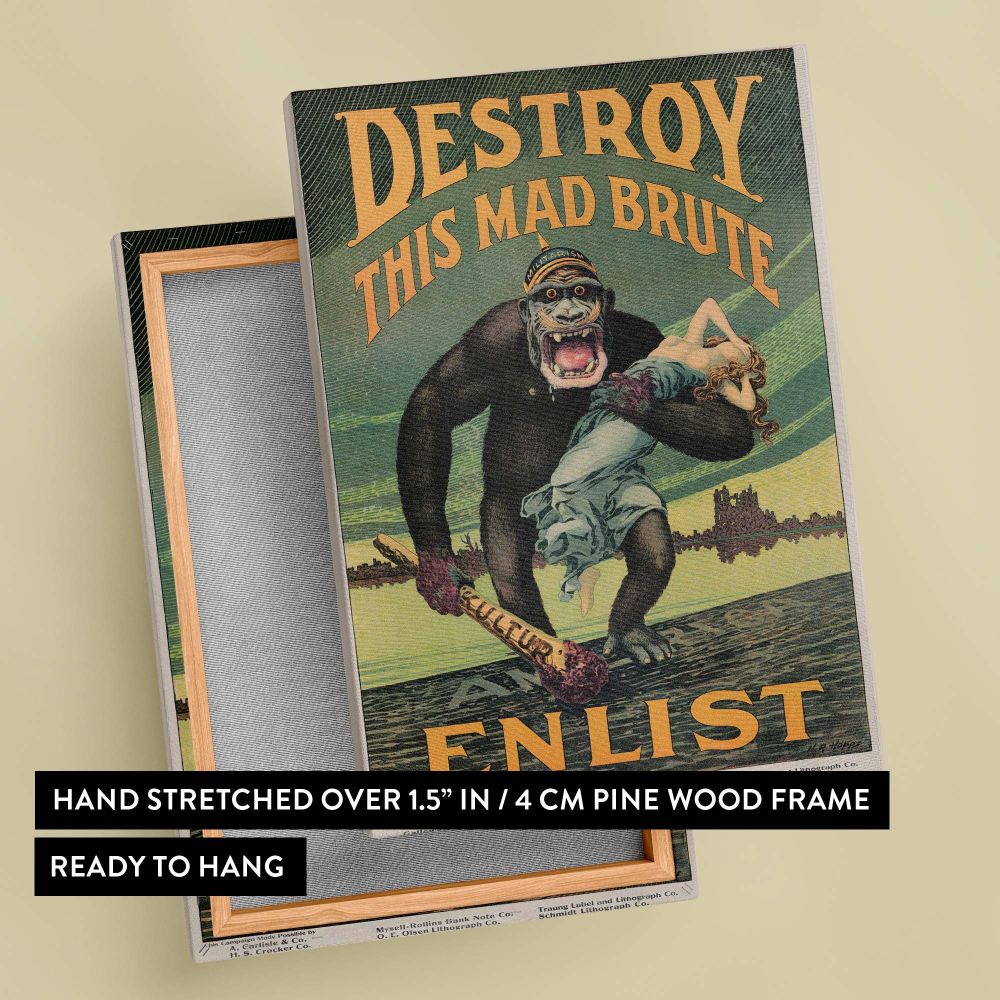 Classic propaganda artwork by Harry Ryle Hopps with a gorilla clutching a woman and holding a club marked Kultur, set against a dramatic war-torn background and bold enlistment text, ideal for vintage art collectors.