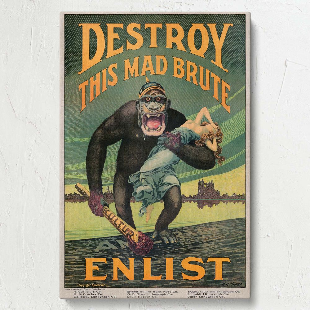 Vintage public domain lithograph by Harry Ryle Hopps from the Library of Congress, showing an aggressive gorilla in a military helmet holding a distressed woman and club, with bold enlistment text, perfect for historical home decor.