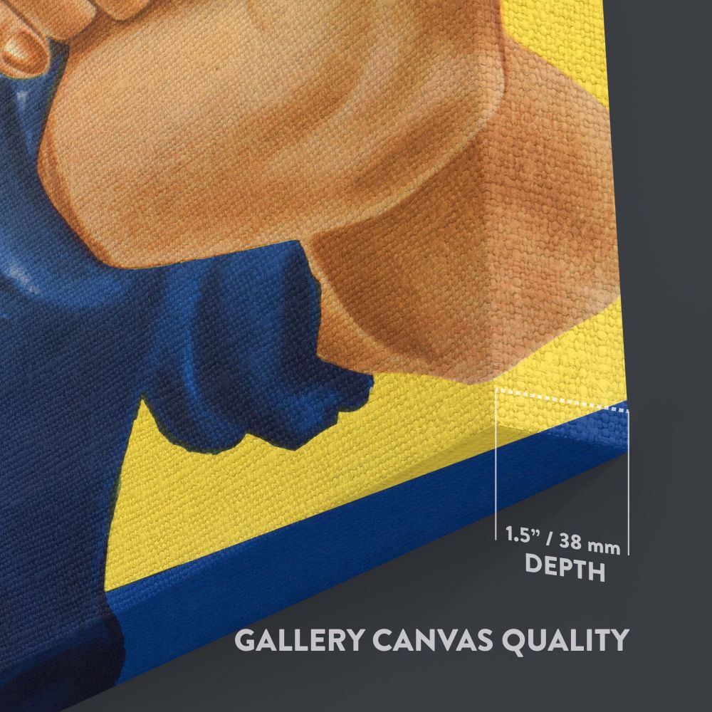 Classic We Can Do It! propaganda poster from WWII featuring Rosie the Riveter flexing her arm, dressed in a blue work uniform and red polka-dot bandana, with bold white lettering and a yellow background symbolizing women's strength and determination..