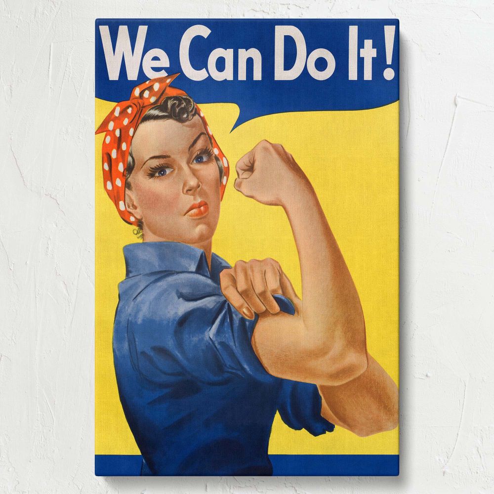 Rosie the Riveter poster art We Can Do It! showing a determined woman flexing her arm in a blue shirt and red bandana, with bold white text against a yellow background, symbolizing women's resilience and wartime contributions.
