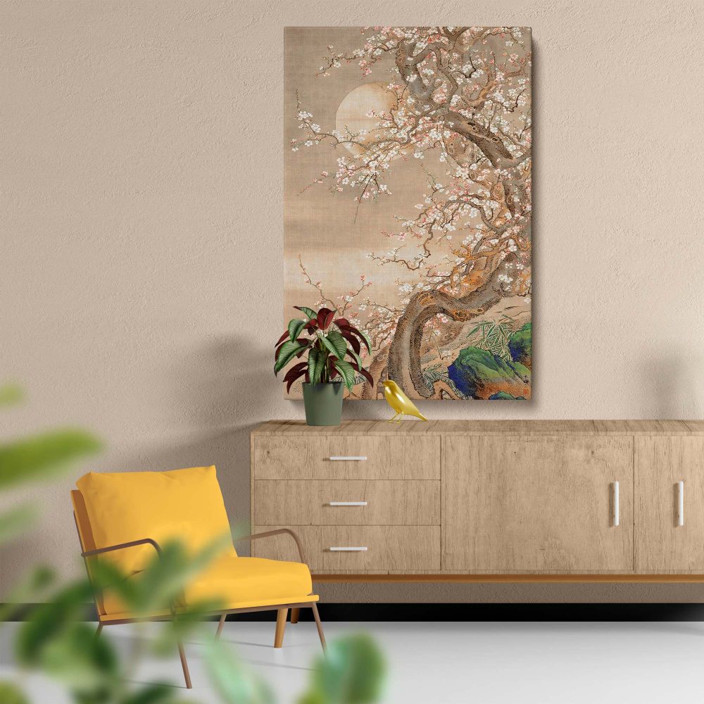 Classic Japanese painting Plum Blossoms in Moonlight by S_ Shizan, showcasing twisted branches of a flowering plum tree bathed in moonlight, painted in fine detail using ink and color on silk, perfect for serene and elegant wall decor spaces.