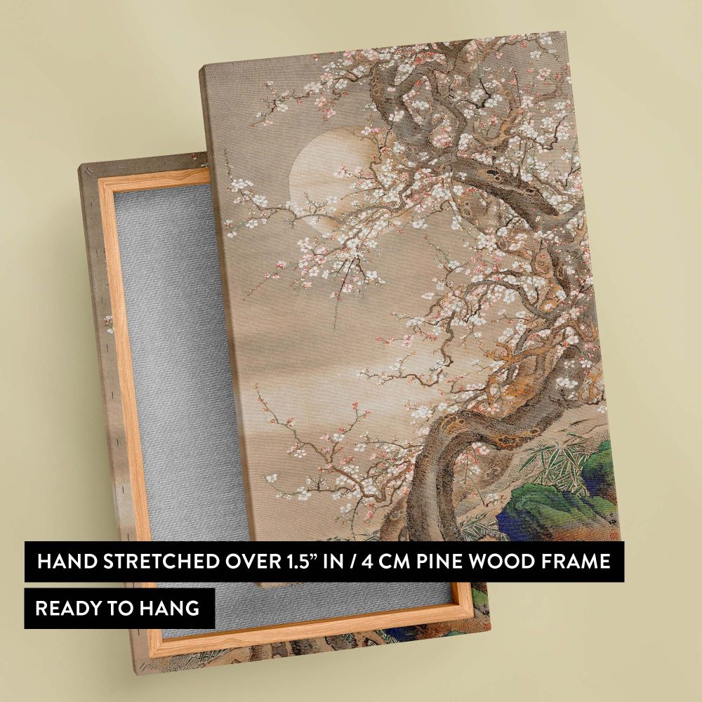 Historical Japanese artwork Plum Blossoms in Moonlight by S_ Shizan, featuring a graceful plum tree with delicate white and pink blossoms set against a pale moon, painted in traditional ink and color on silk for vintage-inspired wall decor.