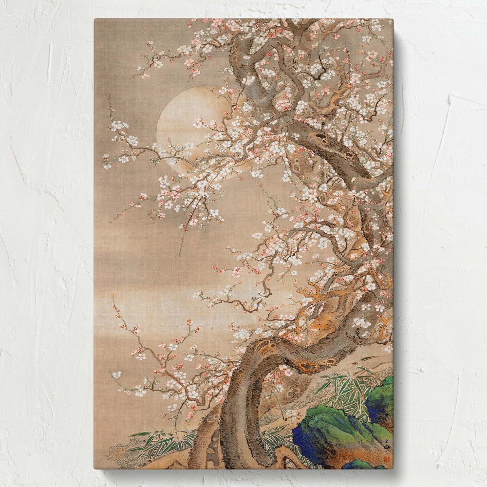 Elegant vintage Japanese painting Plum Blossoms in Moonlight by S_ Shizan, depicting soft moonlight casting a glow over white and pink plum blossoms on twisting branches, rendered with ink and color on silk, perfect for serene home decor.
