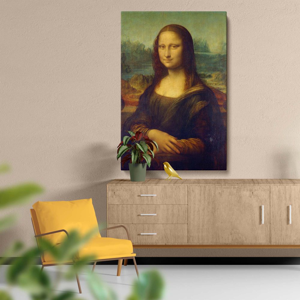 Classic Renaissance portrait Mona Lisa del Giocondo by Leonardo da Vinci, created between 1503 and 1506, highlighting the subject's gentle expression, enigmatic smile, and detailed landscape background, celebrated as a timeless art masterpiece.