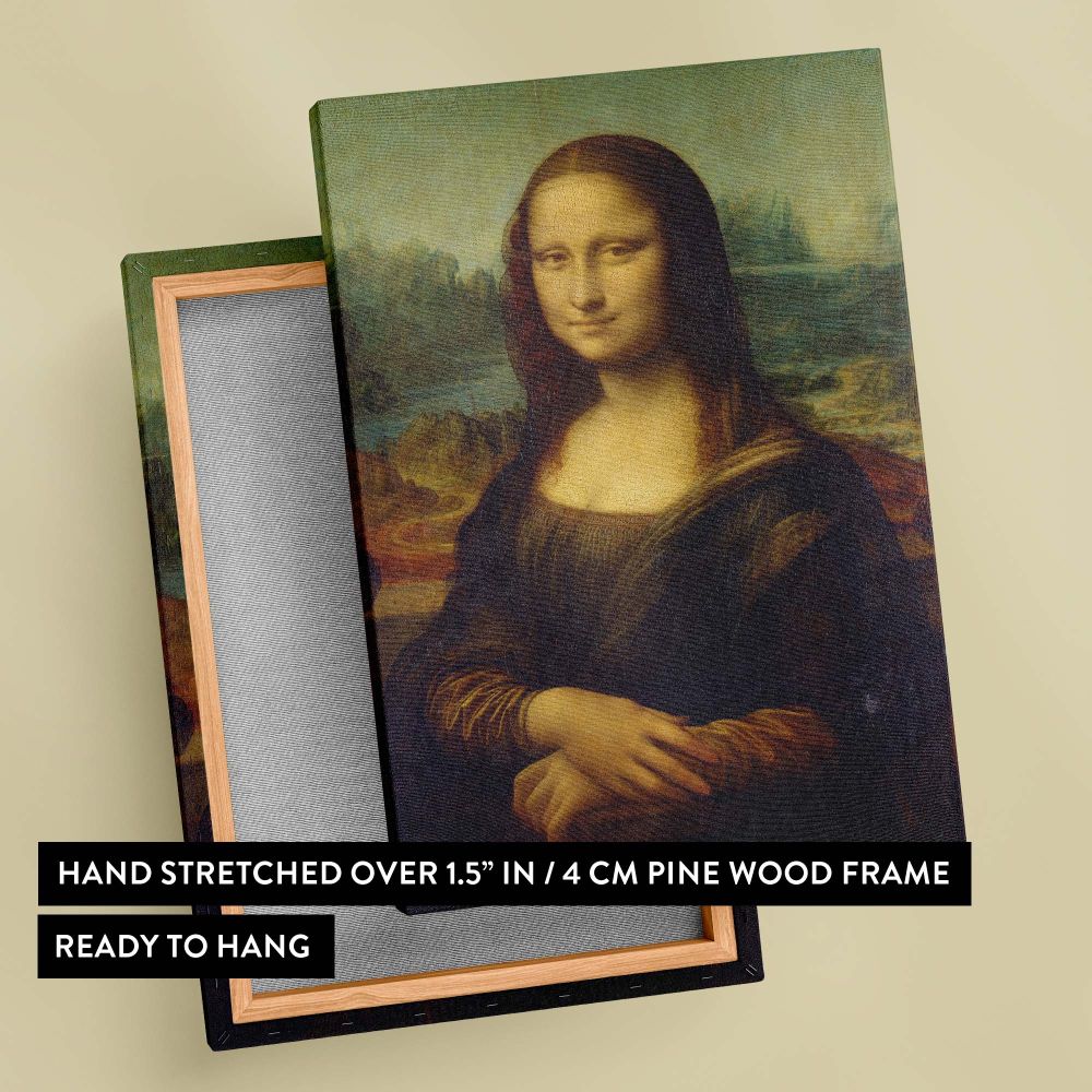 Timeless masterpiece Mona Lisa by Leonardo da Vinci, showcasing a serene woman with an iconic smile, intricate shading, and a soft scenic background, embodying one of the most recognized portraits in art history for classic wall decor.