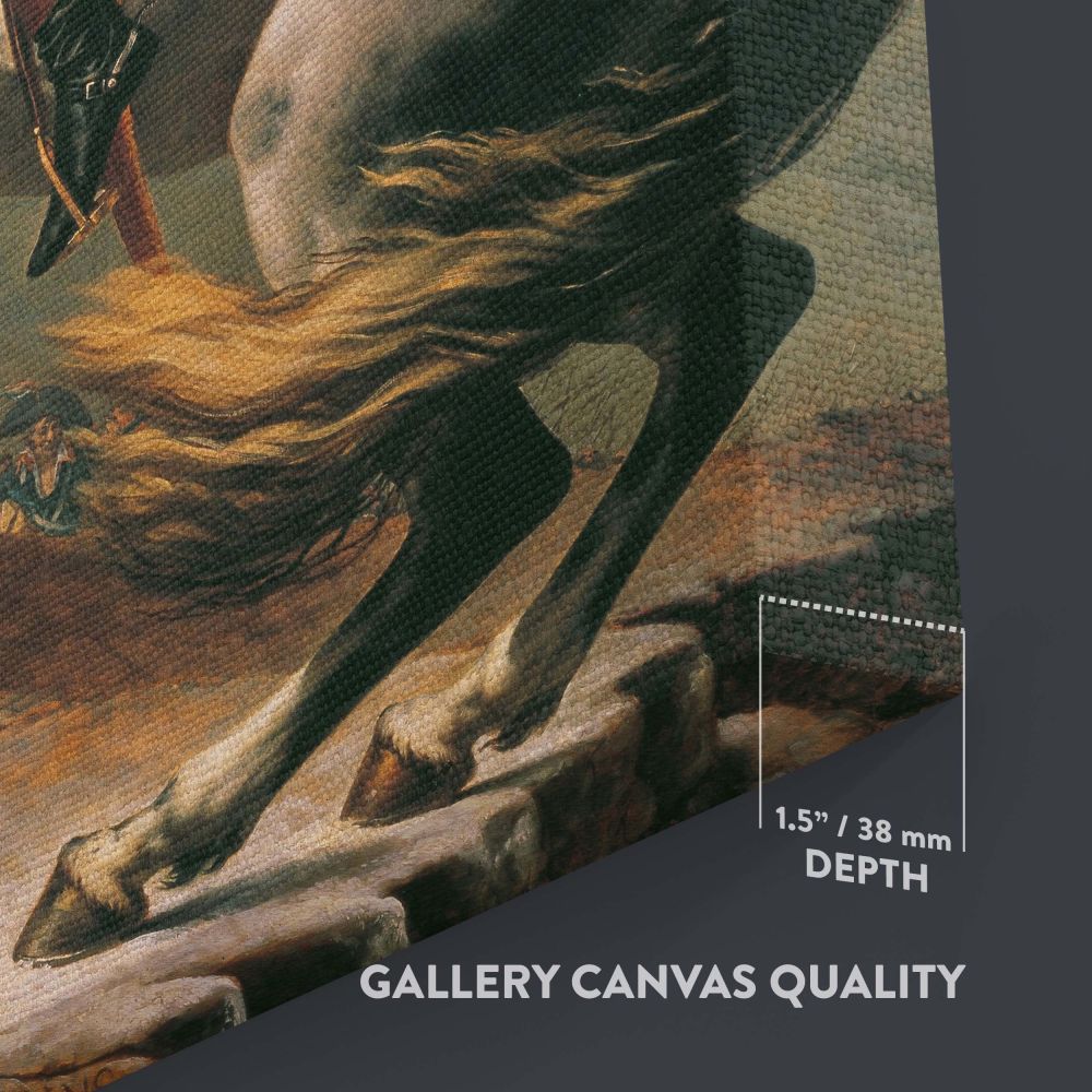 Iconic neoclassical artwork Napoleon Crossing the Alps by Jacques-Louis David, featuring Napoleon confidently on horseback, wearing a bold red cape, set against a rugged alpine backdrop, ideal for historical and timeless wall decor.