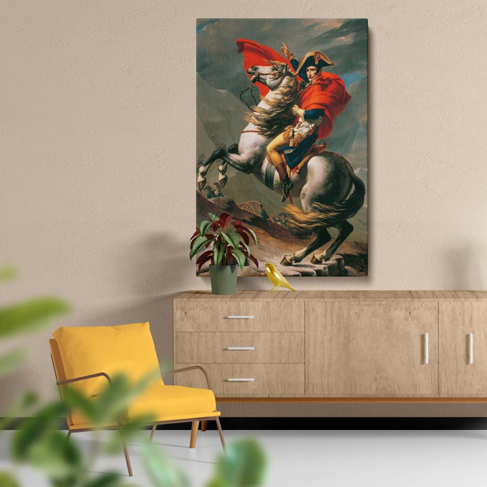 Timeless historical art print Napoleon Crossing the Alps by Jacques-Louis David, portraying Napoleon Bonaparte on horseback in an assertive pose, with a billowing red cape, representing power and leadership for elegant wall spaces.