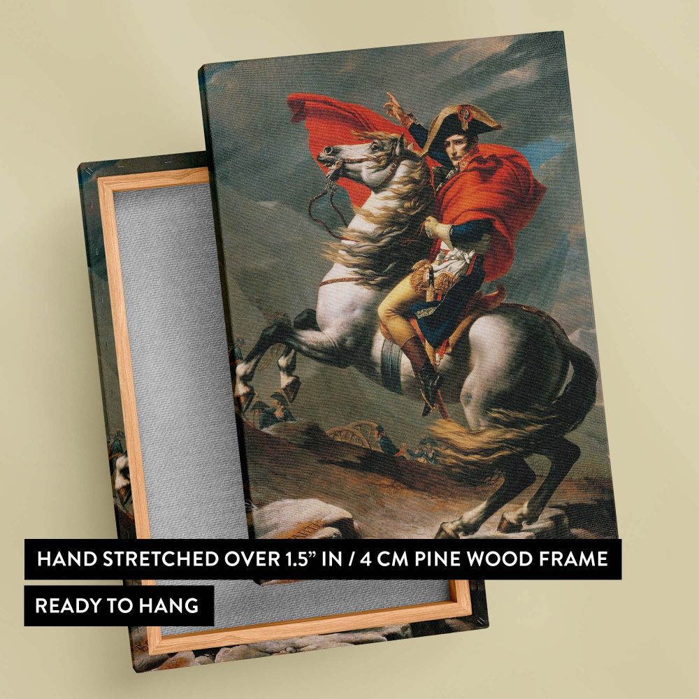 Classic military artwork Napoleon Crossing the Alps by Jacques-Louis David, showcasing a powerful image of Napoleon on a white horse, wearing a red cloak, with a mountainous landscape, ideal for historical wall art collectors.