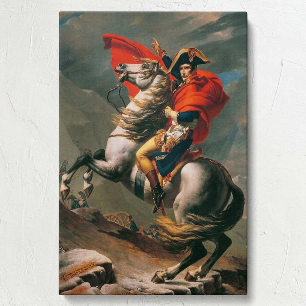 Napoleon Crossing the Alps painting by Jacques-Louis David, featuring Napoleon Bonaparte in a heroic pose atop a majestic white horse, wrapped in a red cape, surrounded by dramatic mountainous scenery, perfect for vintage wall canvas decor.