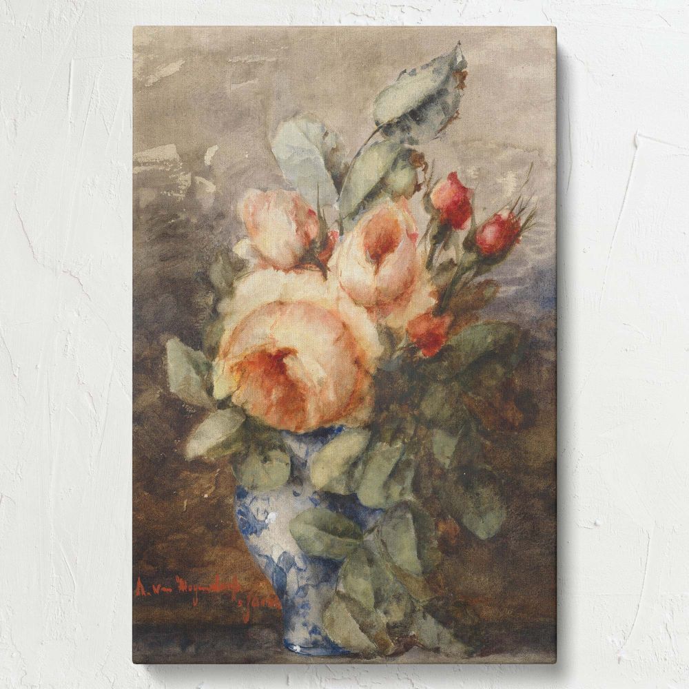 Boeket Rozen in een Vaas by Adrienne Jacqueline s Jacob, a delicate watercolor painting depicting a bouquet of roses with soft peach and red tones, surrounded by lush green leaves in an ornate vase, set against a muted, vintage-inspired backdrop.