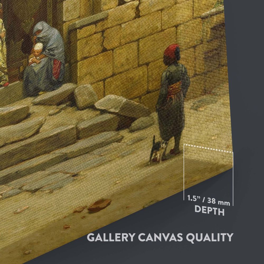 Historical painting The Courtyard of a House in Cairo by Willem de Famars Testas, showing daily life in an ornate courtyard with stone steps, carved doors, wooden balconies, and figures engaged in intimate interactions, ideal for classic home decor.