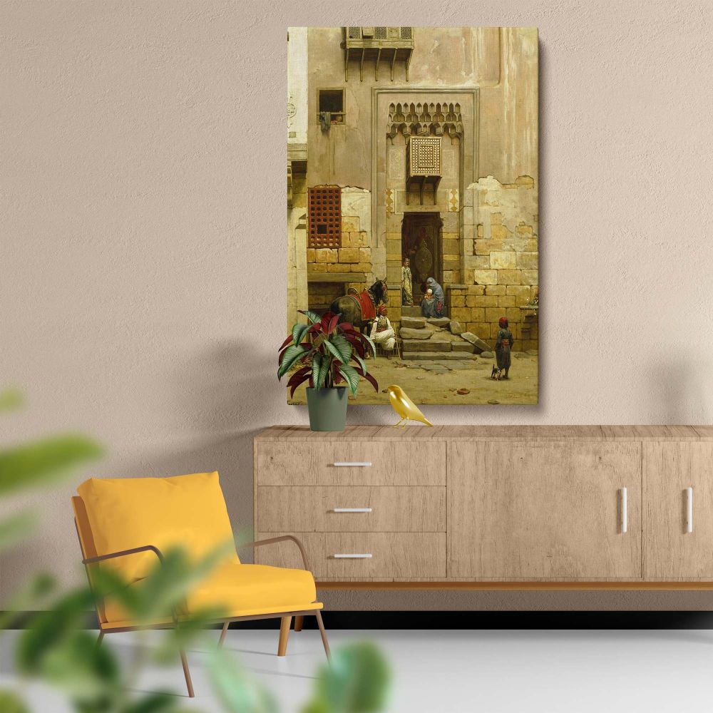 Architectural art The Courtyard of a House in Cairo by Willem de Famars Testas, depicting figures in a traditional courtyard with ornate wooden balconies, carved stone walls, and atmospheric lighting, perfect for cultural wall art.