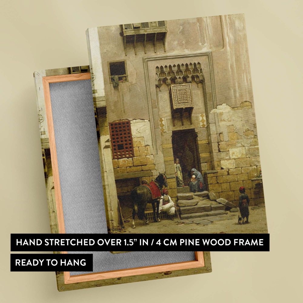 Elegant historical artwork The Courtyard of a House in Cairo by Willem de Famars Testas, showcasing a vintage courtyard scene with carved doors, wooden architecture, and figures interacting in a timeless cultural setting.