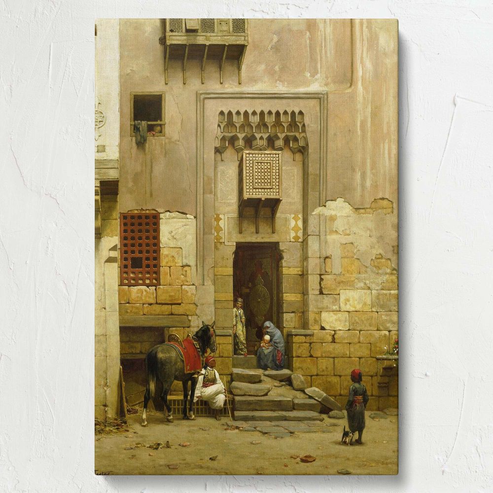 Classic canvas print The Courtyard of a House in Cairo by Willem de Famars Testas, featuring a stone courtyard with rich architectural details, ornate balconies, a horse, and figures in traditional dress, ideal for historical decor enthusiasts.