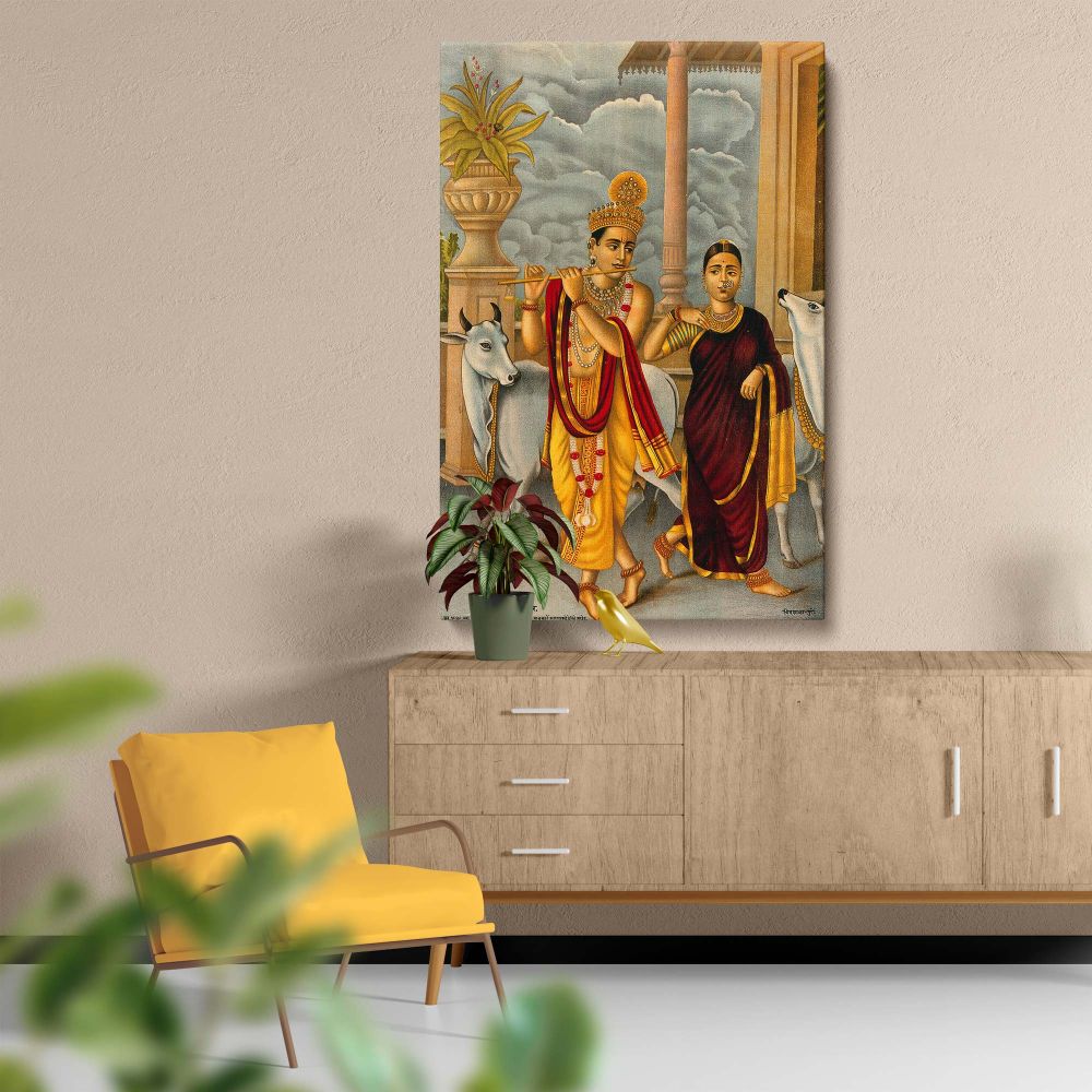 Hindu artwork chromolithograph from 1897 showing Krishna in golden yellow robes playing his flute beside Radha in maroon attire, accompanied by two cows, surrounded by detailed architecture and a cloudy sky, ideal for vintage spiritual wall decor.