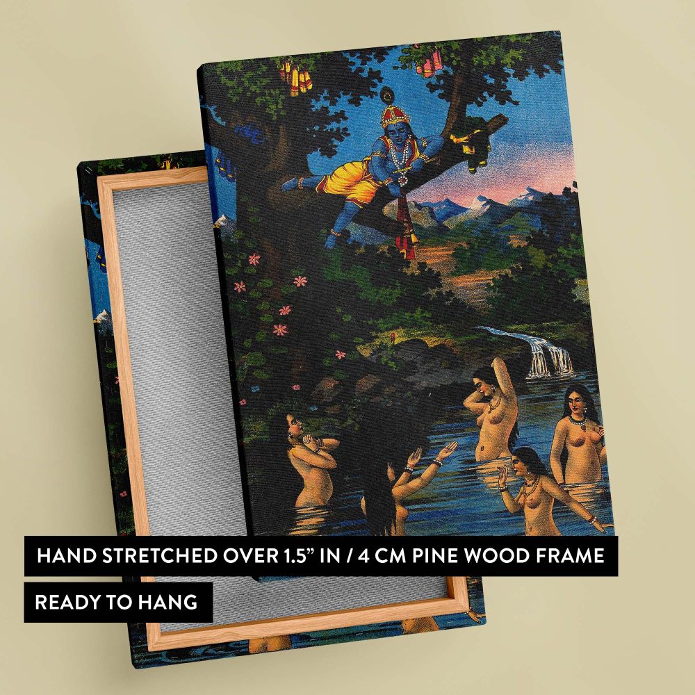 Classic Hindu art print depicting Krishna reclining on a tree branch, clutching garments of bathing gopis in a river below, with detailed surroundings of green foliage, mountain scenery, and a gentle waterfall in a colorful mythological composition.