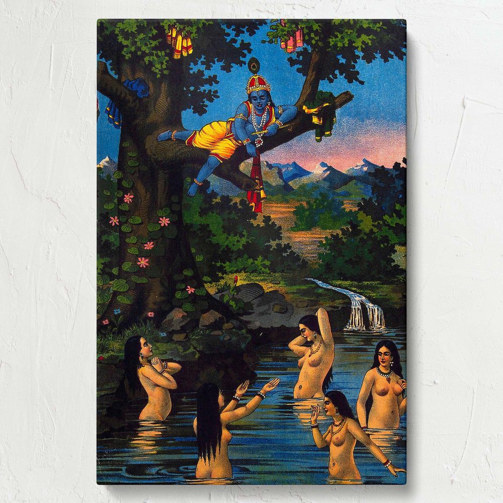 Timeless Indian mythological painting of Lord Krishna sitting on a tree branch, holding the clothes of gopis bathing in the river, surrounded by vibrant plants, flowing water, and a peaceful mountain backdrop, ideal for spiritual decor.