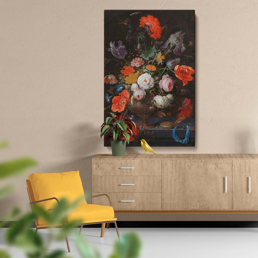 Elegant baroque still-life artwork depicting a vase overflowing with vibrant flowers like poppies, tulips, and roses, alongside scattered petals, butterflies, and tiny details, set against a dramatic, dark background ideal for vintage decor.