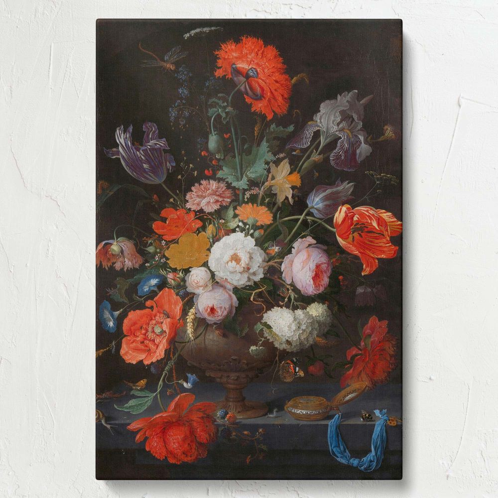 Vintage Dutch still-life painting featuring an intricately detailed floral arrangement in an ornate vase, with vivid flowers like tulips, roses, and poppies, accompanied by scattered petals, insects, and butterflies against a classic dark backdrop.