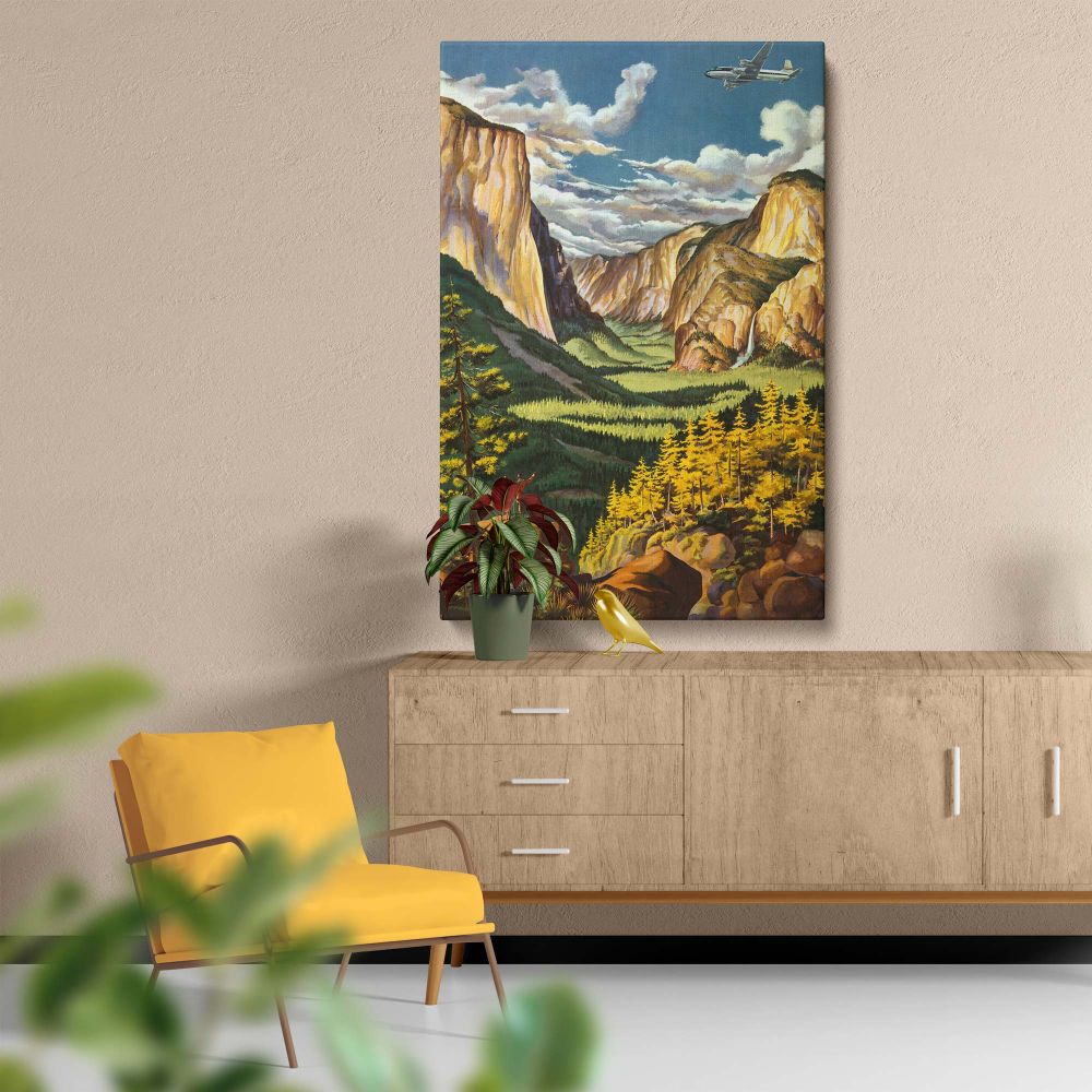 Timeless Yosemite National Park travel poster showing scenic granite cliffs, green valleys, golden pine trees, and a vintage airplane flying overhead against a bright sky with fluffy clouds, symbolizing travel, exploration, and natural beauty.