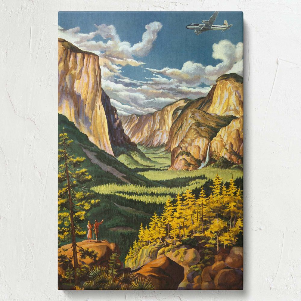 Retro Yosemite National Park poster by United Air Lines featuring scenic cliffs, dense forest landscapes, golden pine trees, and an airplane soaring through a vibrant blue sky filled with dramatic clouds, perfect for travel decor.