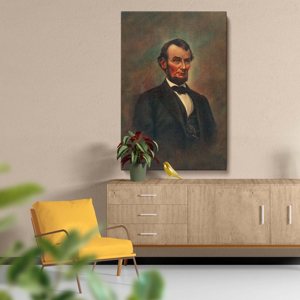 Abraham Lincoln oil painting from The Alfred Whital Stern Collection of Lincolniana, featuring a solemn expression, finely detailed facial features, and formal black attire, set against an elegant muted background, perfect for history-themed decor.