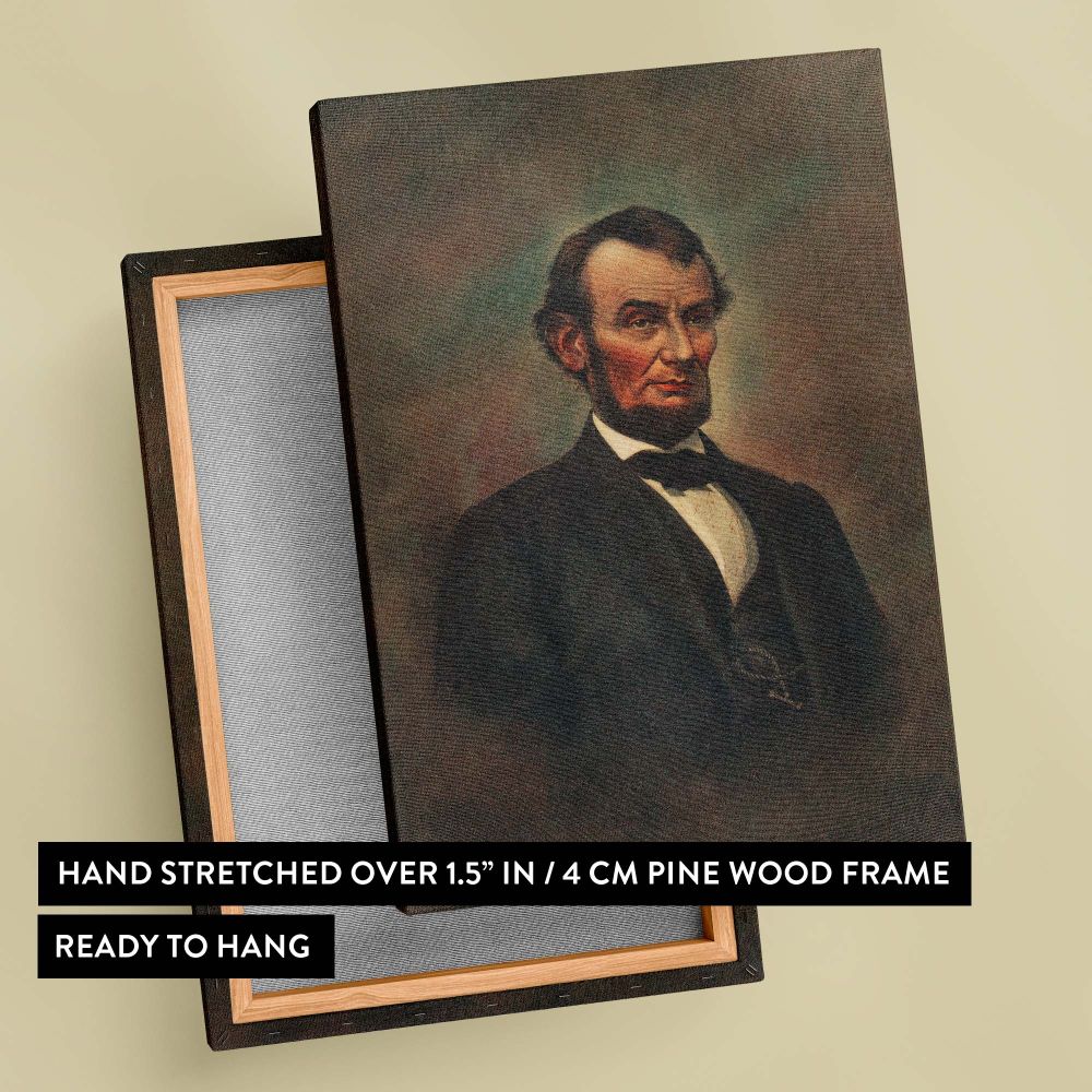 Traditional oil painting portrait of Abraham Lincoln with a formal pose, detailed black suit, iconic beard, and calm expression, set against a warm earthy background, symbolizing leadership, integrity, and historical importance.