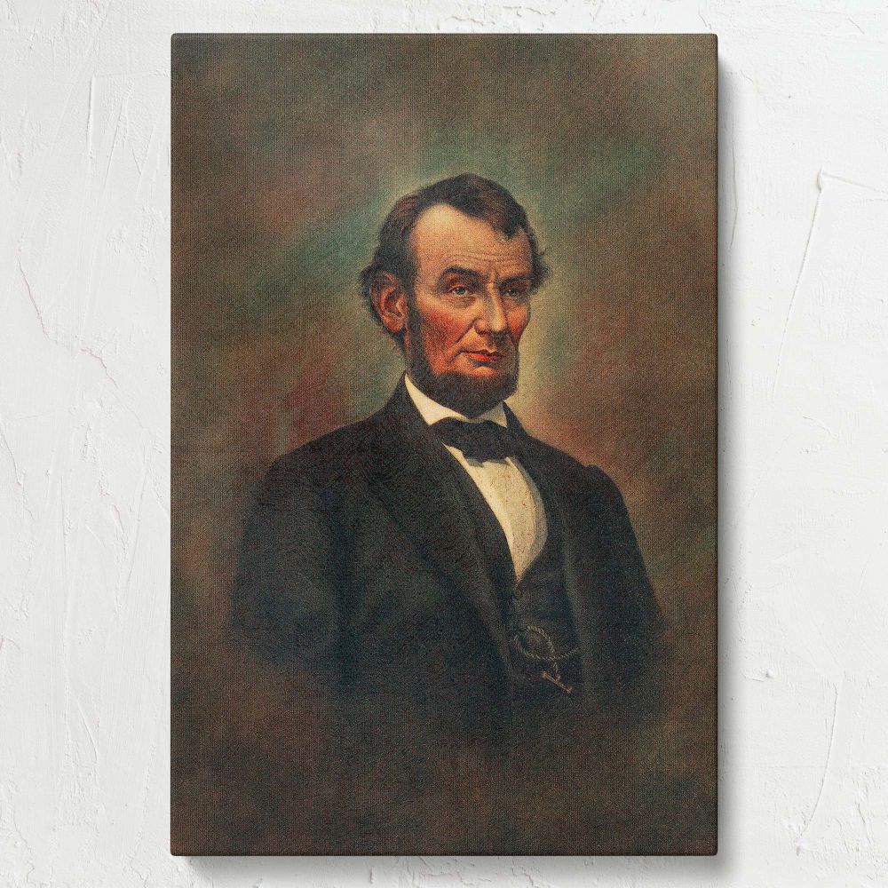 Classic oil portrait of Abraham Lincoln, highlighting his iconic beard, sharp gaze, and dignified pose, dressed in a black suit with fine detailing, set against a muted earthy-toned background, ideal for timeless historical decor.