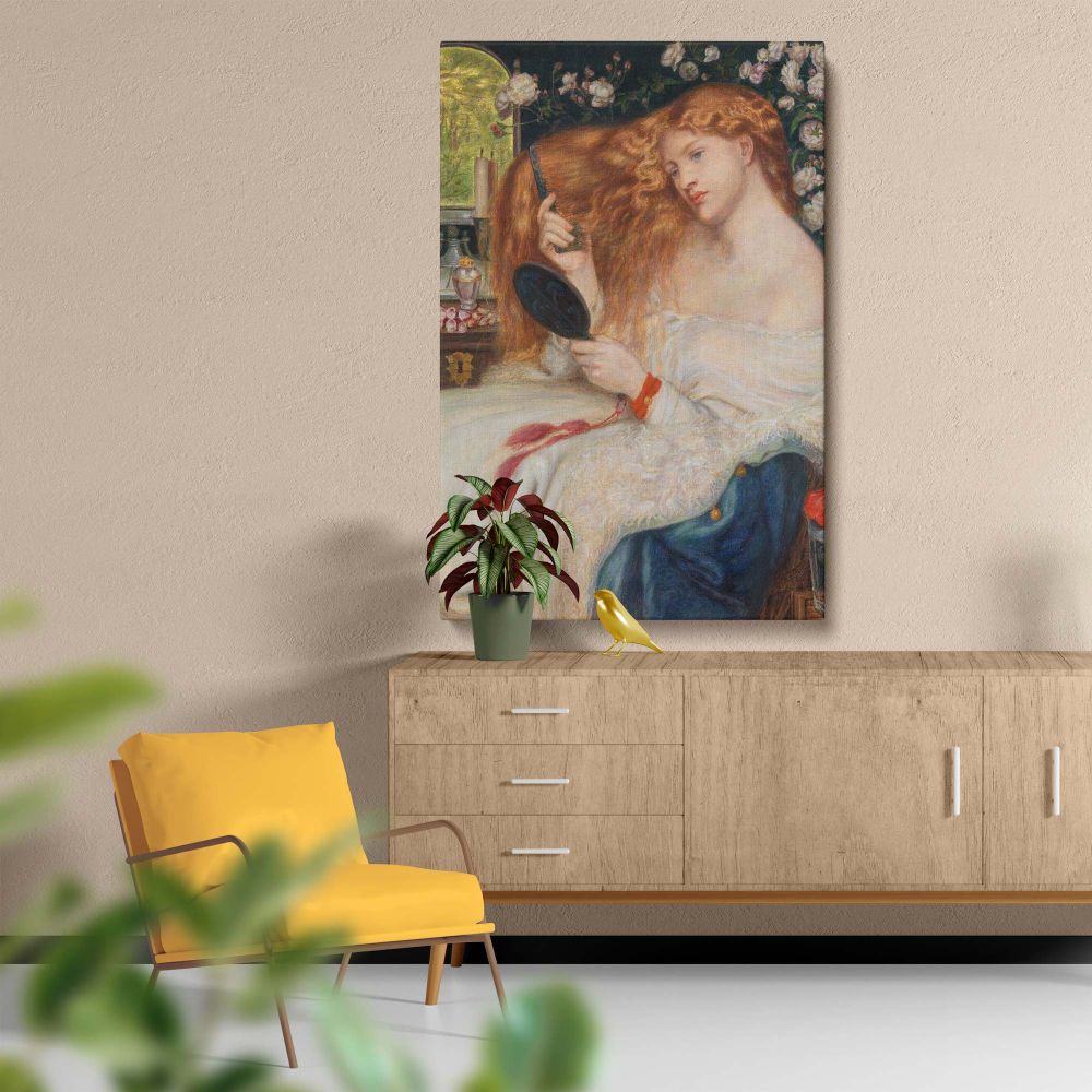 Symbolic Pre-Raphaelite painting Lady Lilith by Dante Gabriel Rossetti, showcasing a woman with long golden hair, delicately combing her locks with one hand while holding a black mirror, surrounded by white roses and soft candlelight.