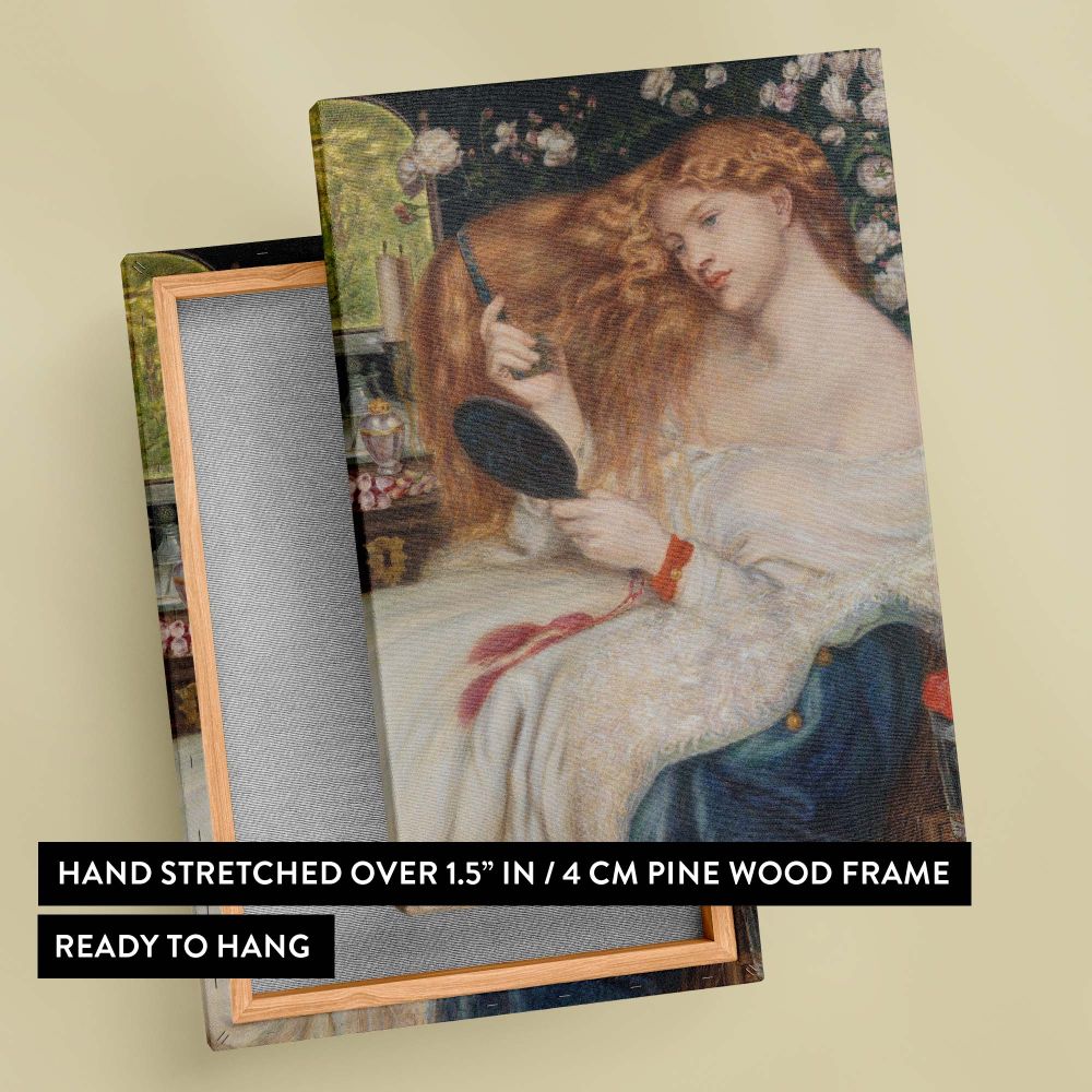 Historical painting Lady Lilith by Dante Gabriel Rossetti and Henry Treffry Dunn, depicting a woman with golden hair in an ethereal pose, holding a mirror and comb, surrounded by roses, candles, and a peaceful garden view from a window.