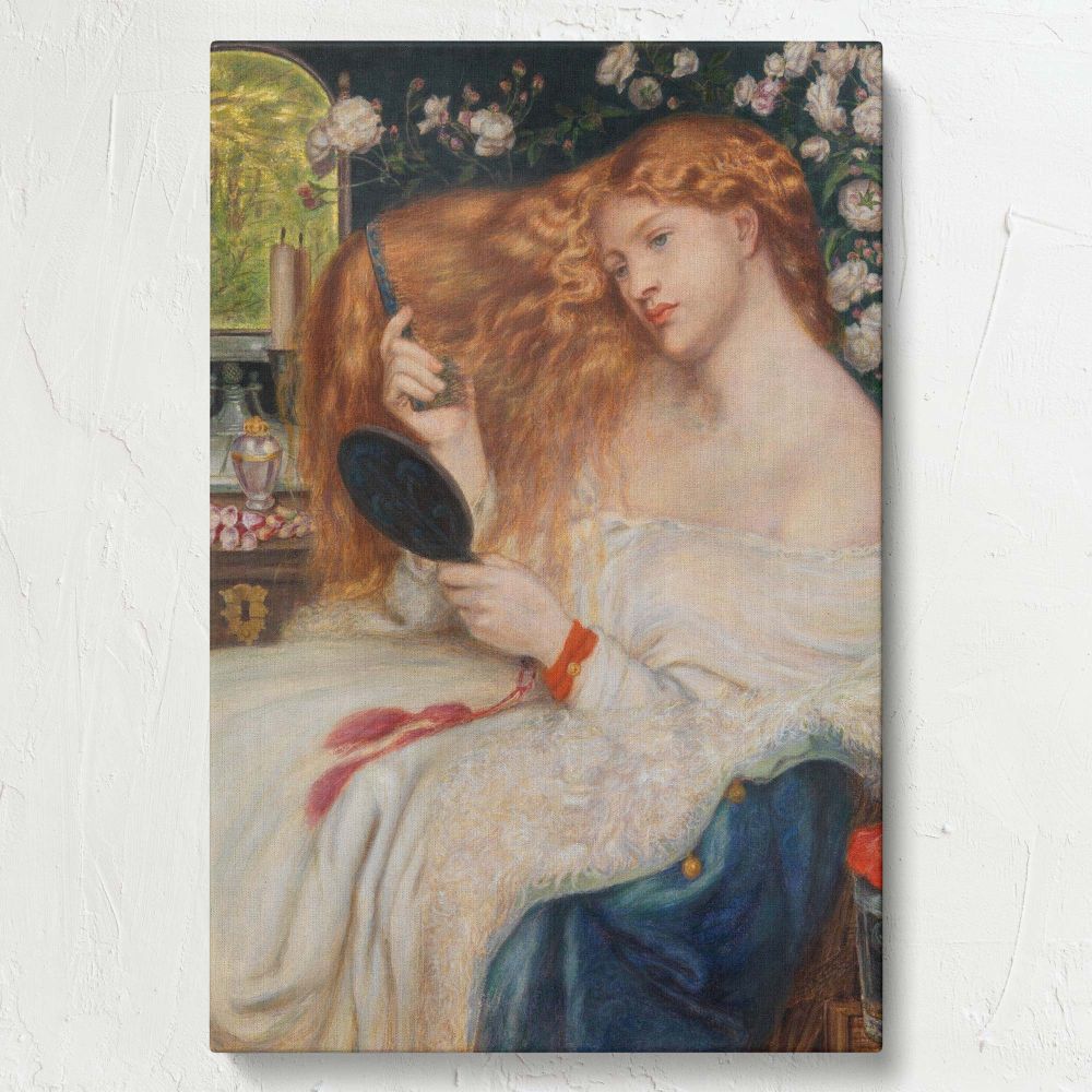 Artistic masterpiece Lady Lilith by Rossetti and Dunn showing a woman with cascading golden hair gazing into a black mirror, combing her hair, surrounded by blooming white roses, candle holders, and soft natural light from an open window.