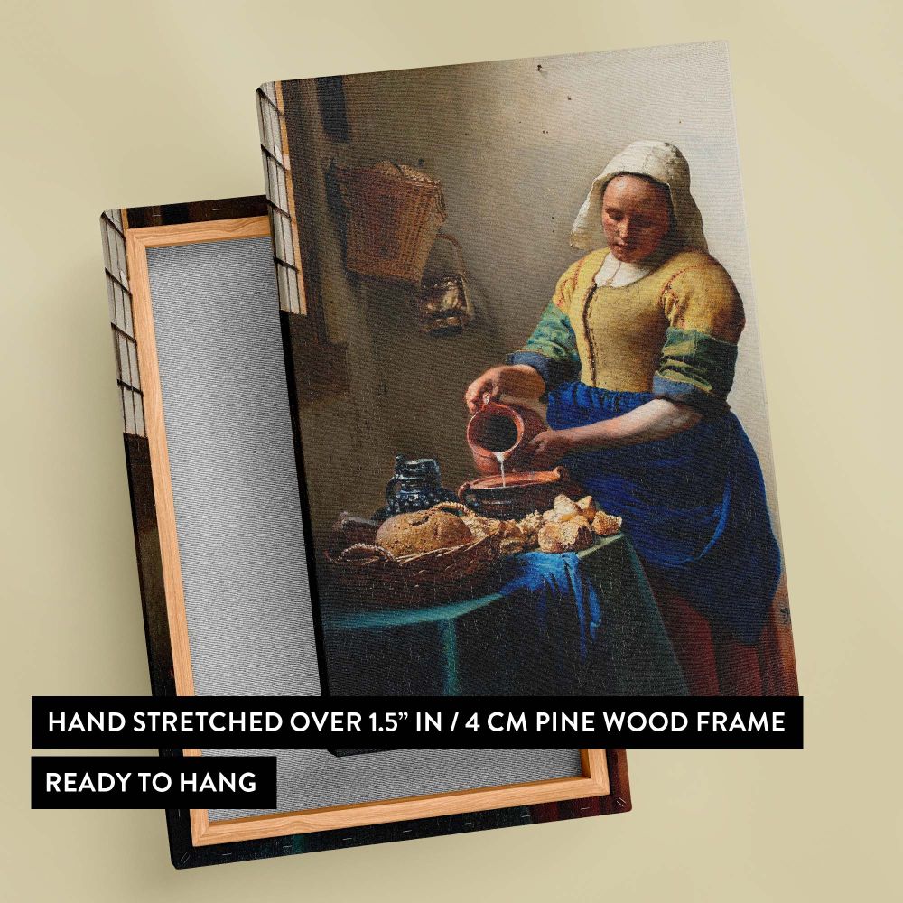 Iconic Dutch painting The Milkmaid by Vermeer illustrates a woman in a yellow and blue dress pouring milk from a jug into a bowl, with a serene kitchen scene featuring bread, pottery, and natural light creating a tranquil domestic atmosphere.