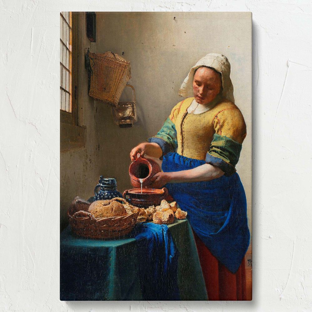 Timeless masterpiece The Milkmaid by Vermeer features a woman focused on pouring milk into a bowl, surrounded by a table of bread and pottery, with gentle natural light streaming through a window highlighting the textures and details of the setting.