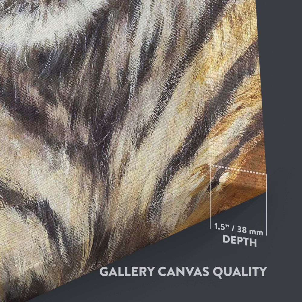 Vintage painting A Reclining Tiger by Geza Vastagh depicts a powerful tiger in a relaxed pose with sharp golden eyes, intricate fur textures, and vibrant orange and black stripes, all set against a moody forest-inspired background painted with precision.