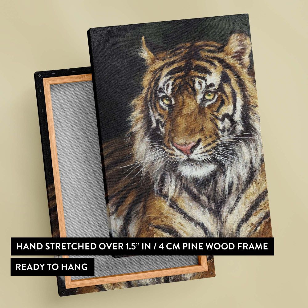Majestic animal artwork A Reclining Tiger by Geza Vastagh shows a regal tiger at rest with glowing golden eyes, intricate black and orange fur patterns, and a dark atmospheric background that highlights the creature's strength and calm presence.