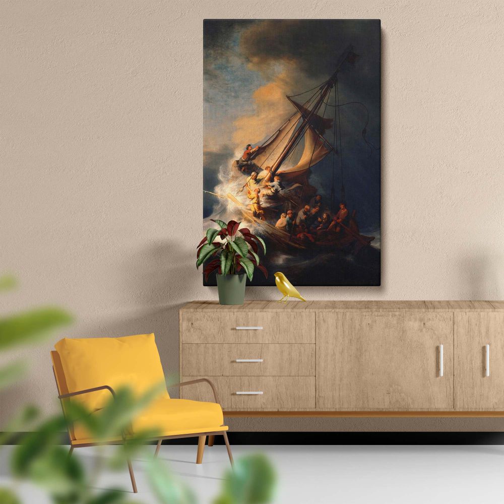 Biblical artwork The Storm on the Sea of Galilee by Rembrandt van Rijn illustrates a violent maritime storm, with Jesus calming His frightened disciples aboard a fragile wooden boat, masterfully painted with striking realism and expressive light contrasts