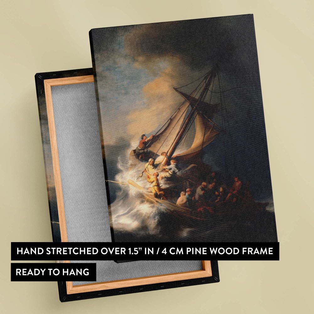 Historical oil painting The Storm on the Sea of Galilee by Rembrandt van Rijn captures Christ and His disciples aboard a boat fighting against crashing waves and roaring winds, using vivid detail and chiaroscuro lighting to tell a powerful biblical story.