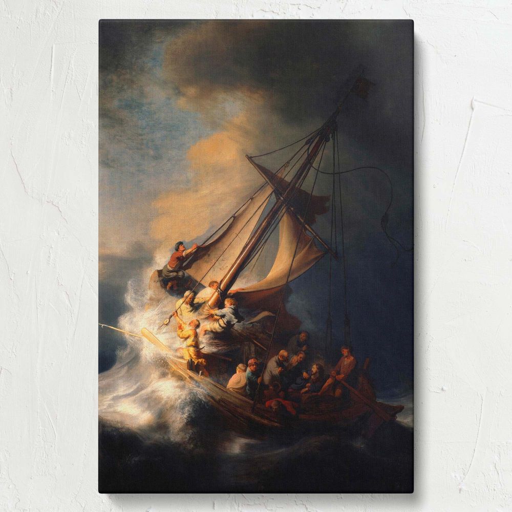 Masterpiece The Storm on the Sea of Galilee by Rembrandt van Rijn depicts a dramatic storm scene with towering waves, frightened disciples, and Christ remaining calm, showcasing expert use of light, shadow, and expressive detailing in every brushstroke.