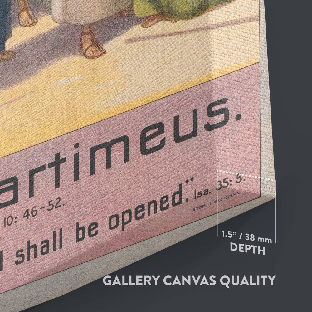 Religious wall art Blind Bartimeus depicts Jesus reaching out to heal the blind man Bartimeus, with onlookers and disciples watching in awe, set against an ancient architectural backdrop illuminated by soft, golden light representing divine love.