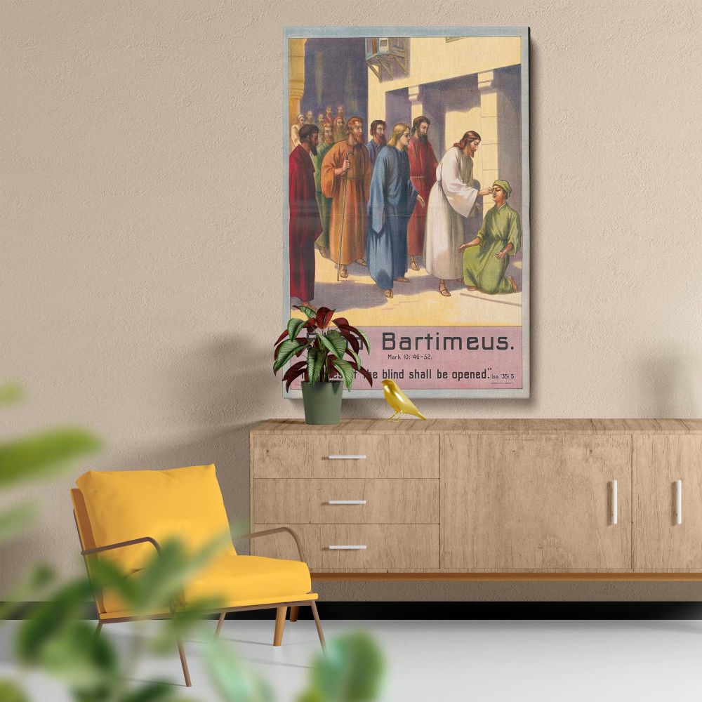 Spiritual art Blind Bartimeus portrays Jesus Christ performing the miracle of healing Bartimeus, surrounded by a group of disciples and onlookers, with expressive faces and architectural details creating a profound sense of divine presence and hope.