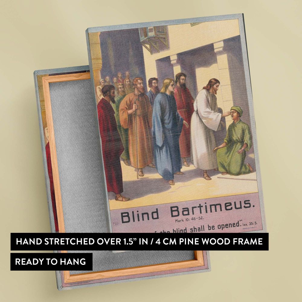 Faith-inspired artwork Blind Bartimeus shows Jesus healing Bartimeus, surrounded by observers and disciples in a detailed biblical scene with soft golden light, symbolic of faith, devotion, and the miraculous power of divine intervention.