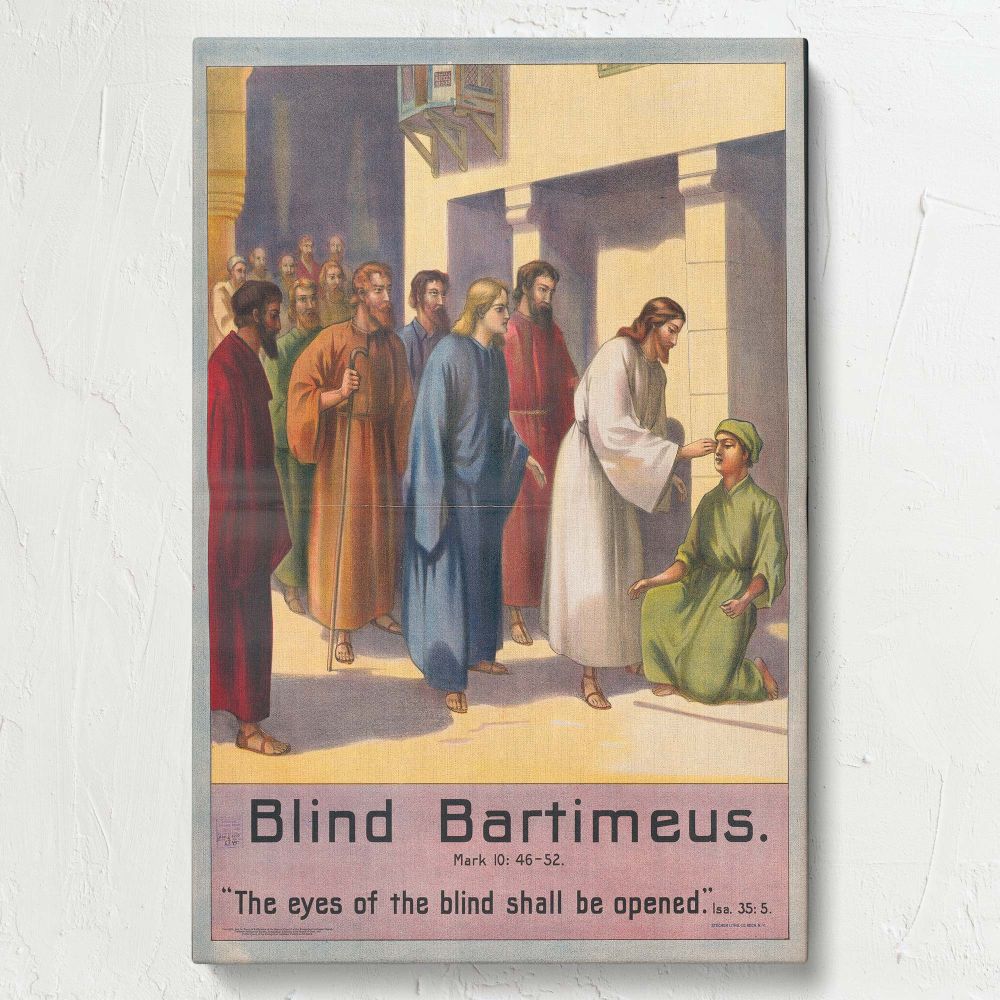Vintage religious painting Blind Bartimeus depicts Jesus Christ healing Bartimeus as disciples and onlookers observe the miraculous moment, surrounded by ancient architecture and warm lighting that symbolizes spiritual compassion and hope.