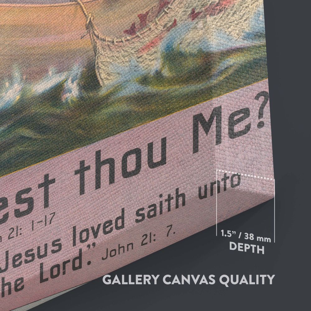 Religious wall art Simon Lovest Thou Me depicts Jesus standing on the shore, speaking to Peter and His disciples on a boat, with expressive faces and soft lighting emphasizing a sacred biblical encounter filled with spiritual meaning.