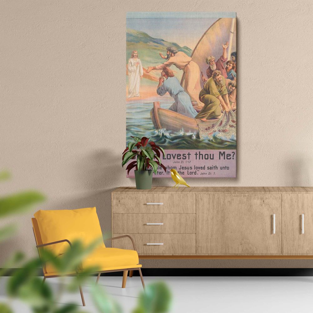 Spiritual canvas painting Simon Lovest Thou Me portrays Jesus Christ on the shore speaking to Peter and His disciples on a fishing boat, with symbolic imagery of nets and calm water highlighting themes of trust, faith, and love.