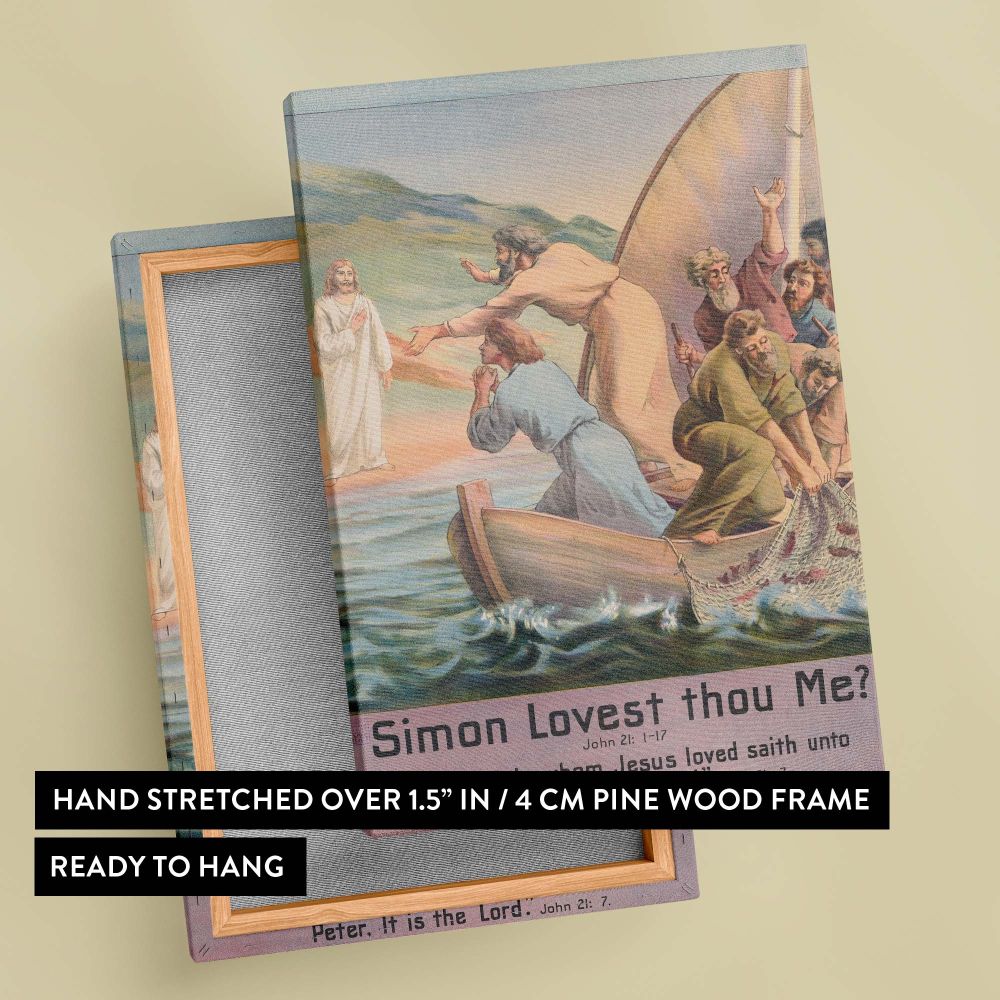 Faith-inspired artwork Simon Lovest Thou Me captures the sacred biblical moment when Jesus asks Peter about his love, surrounded by disciples and fishermen in a detailed composition filled with warm lighting and symbolic details.