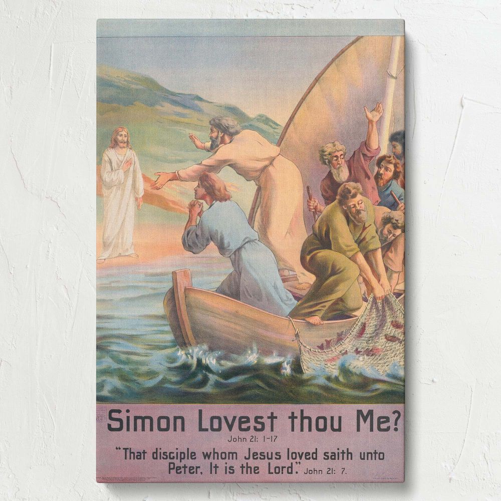 Vintage biblical art Simon Lovest Thou Me shows Jesus Christ speaking to Peter from the shore, with disciples and fishermen observing in reverence, set against a backdrop of serene waters and vibrant colors symbolizing faith and divine connection.