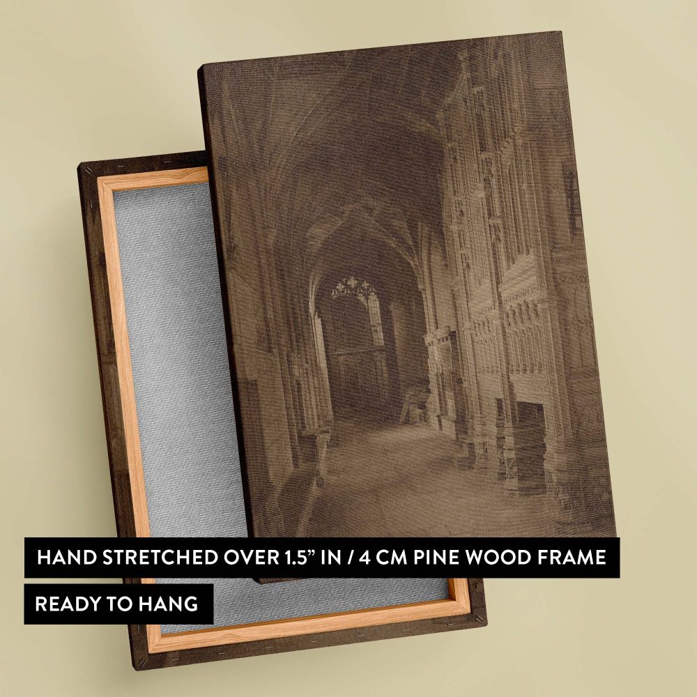 Atmospheric interior hallway with grand Gothic vaulted ceilings, textured stone carvings, and ambient light creating a mysterious yet elegant historical setting, enhanced by the glow of light passing through a distant stained glass window.